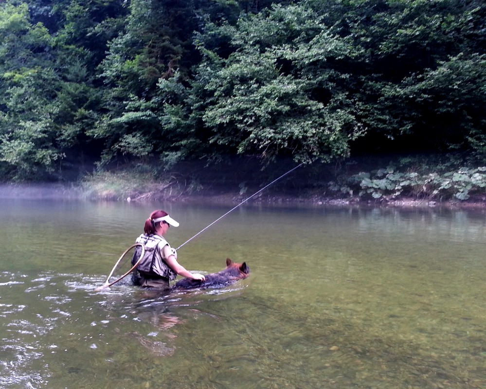 Homme portant des cuissardes et vêtements de pêche bord de lac